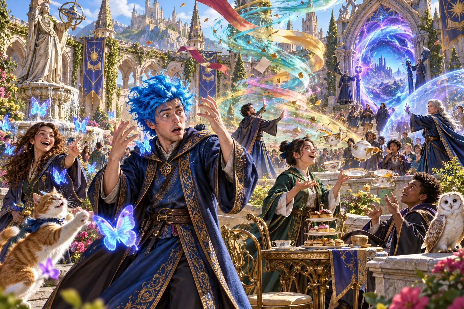 Blue-haired caster butterflies floating tea a colourful surge and a glowing portal show different magical disturbances