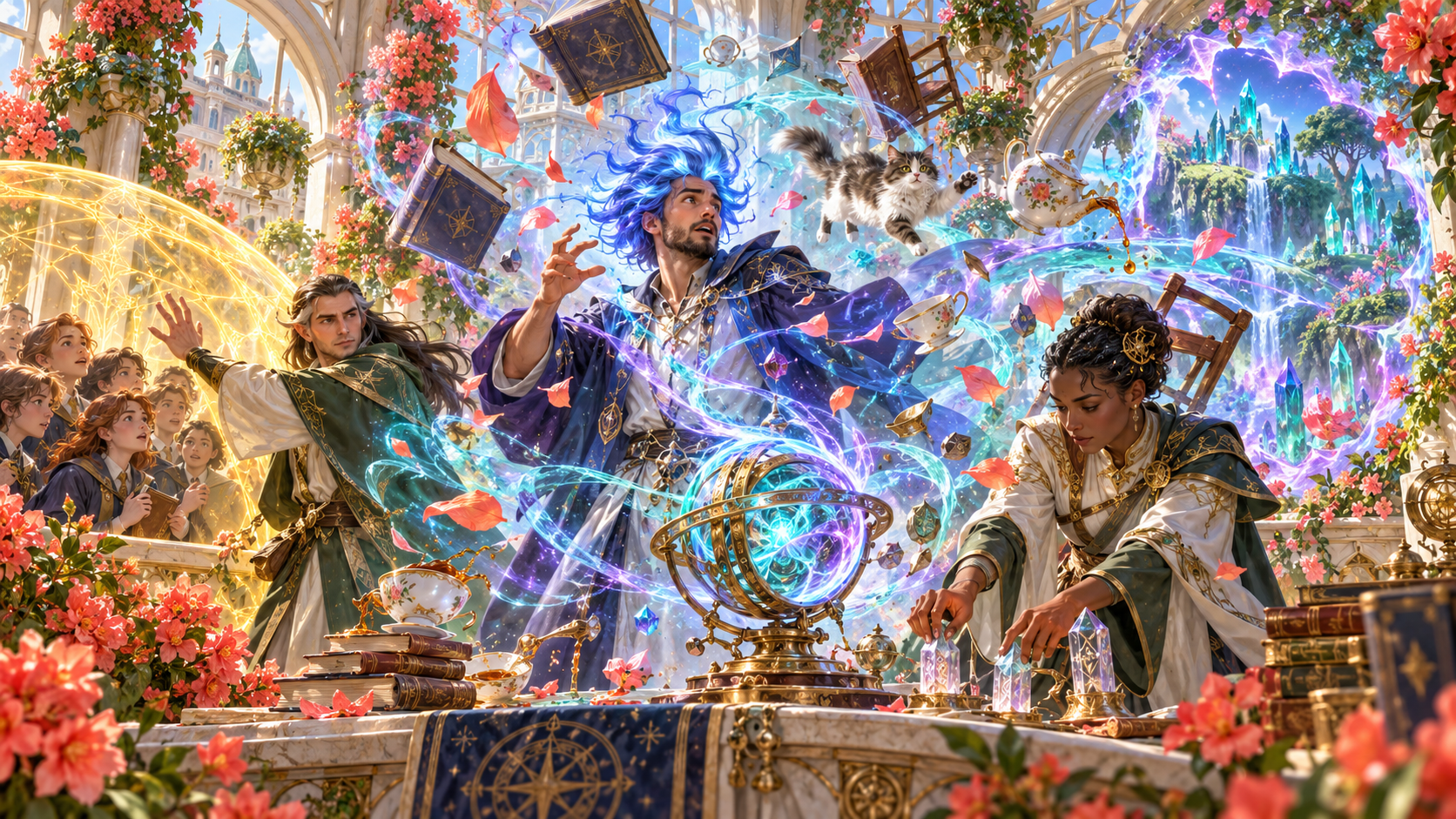 Magical accident around an armillary in a courtyard with floating books tea a cat and a glowing portal