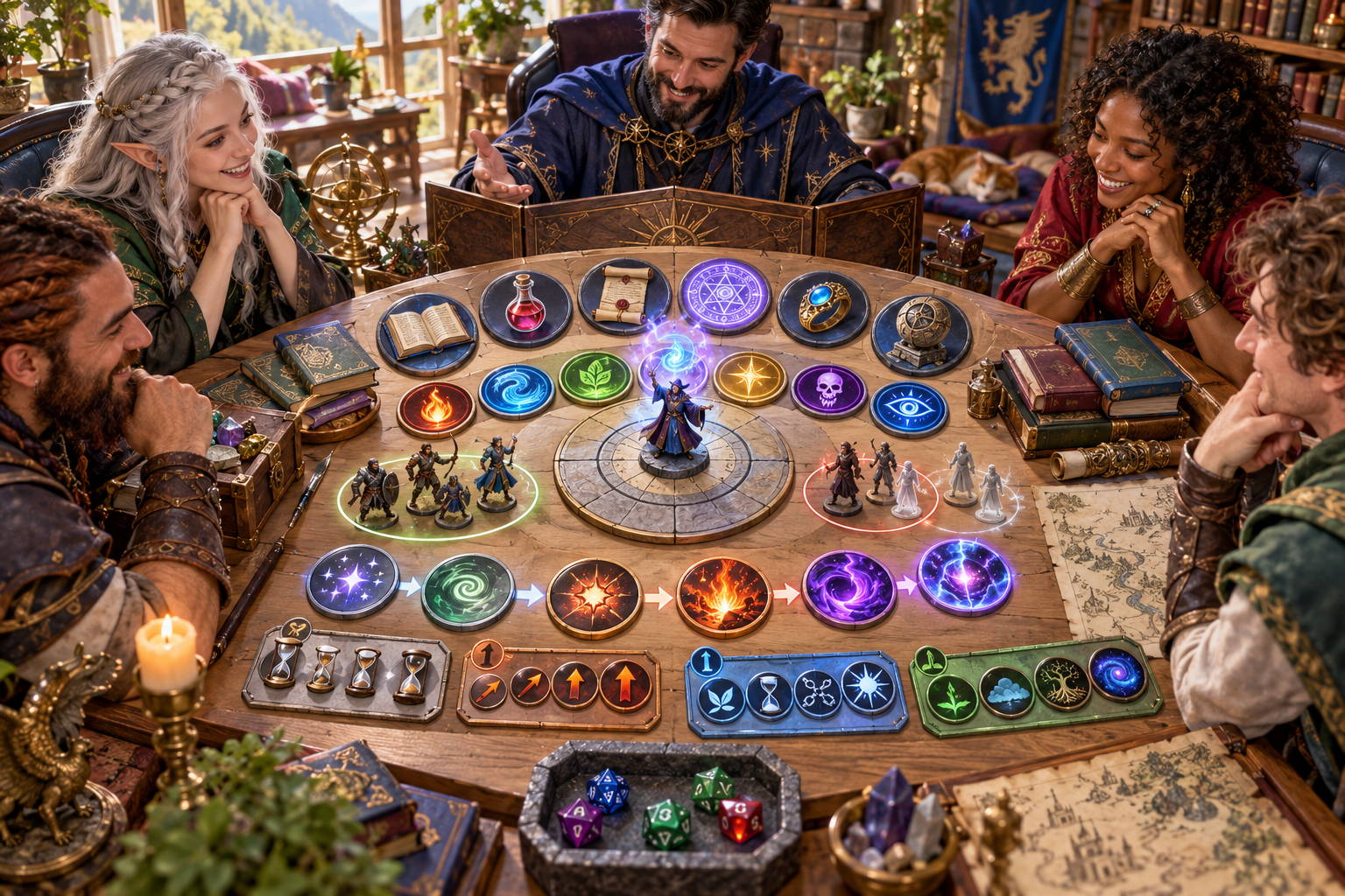 Dungeon Master and players around magical source objects severity tokens target groups and duration escalation and ending symbols